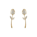 Gold Tone Tulip Drop Earrings Cream Cat Eye Stem Leaves view 5