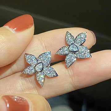 Silver Flower Teardrop Center CZ Stud Earrings Pair