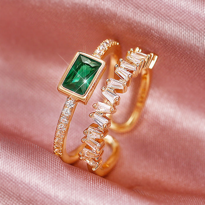 Green Rectangular Stone Open Rings In Gold And Silver Tones