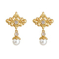 Gold Tone Openwork Iris And White Pearl Drop Stud Earrings view 5