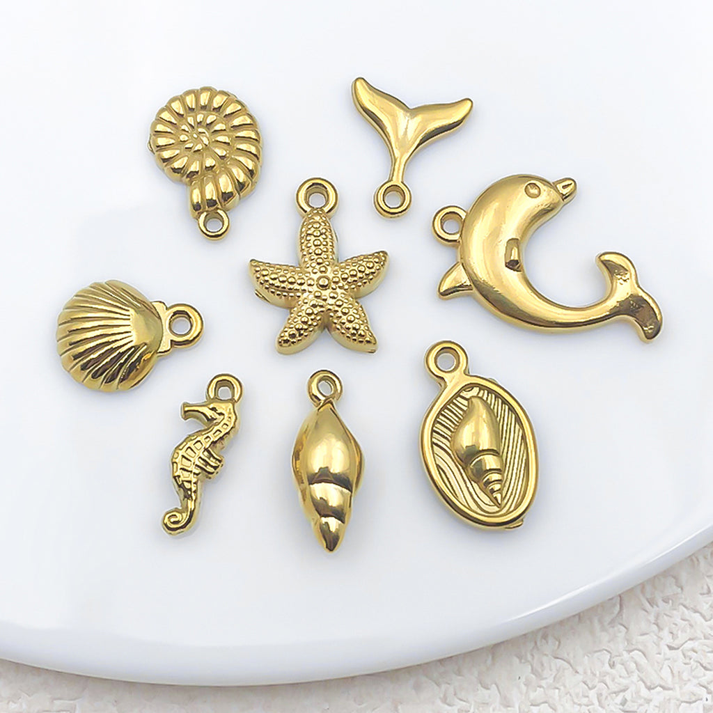 Gold Stainless Steel Starfish Seahorse Conch Shell Charm Pendants for DIY Jewelry