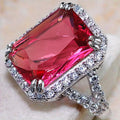 Pink Rectangular Halo Cubic Zirconia Cocktail Ring, Silver-Tone Brass view 2