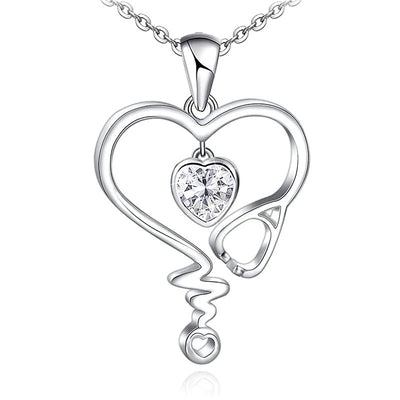 Silver heart stethoscope clear CZ pendant necklace on white