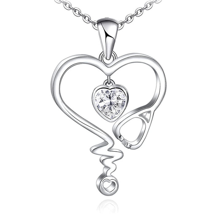Silver Heart Stethoscope Clear CZ Pendant Necklace
