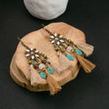 Floral Bead and Brown Tassel Statement Long Hook Earrings view 3