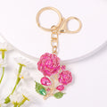 Rhinestone Rose Branch Keychain Gold Tone Three Flower Colors view 2