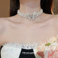 Double Strand Pearl Choker Silver Lace Butterfly Center view 3