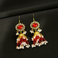 Gold Tone Bell Jhumka Earrings Red Green Crystal Pearl Tassels view 2