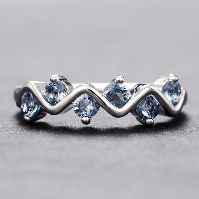 Silver Wave Blue CZ Band Ring Five Stone Zigzag Style