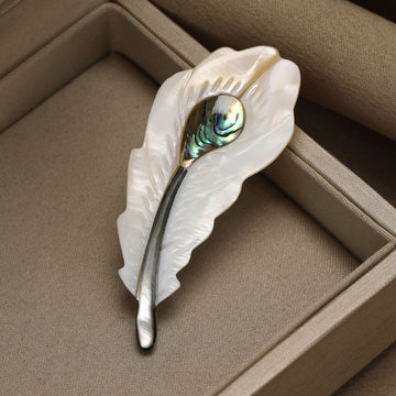 White Shell Feather Brooch With Abalone Accent for Jackets Scarves and Lapels