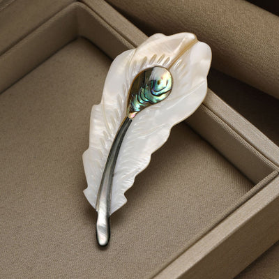 White Shell Feather Brooch With Abalone Accent front group view