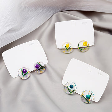 Clear Resin Round Stud Earrings Yellow Dried Flower Gold Flake