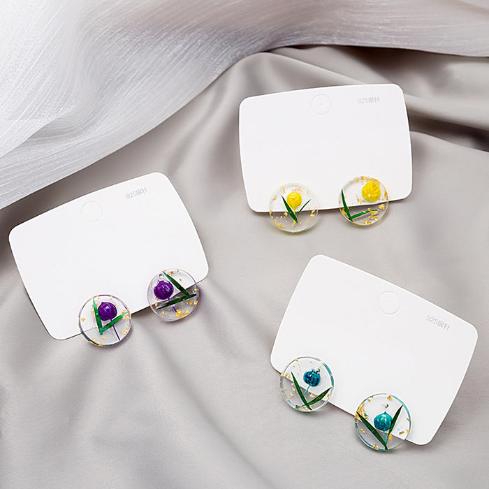 Clear Resin Round Stud Earrings Yellow Dried Flower Gold Flake