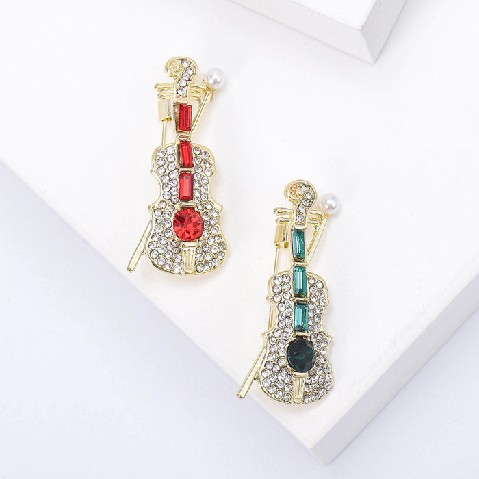 Colorful Rhinestone Violin Brooch in Green and Red