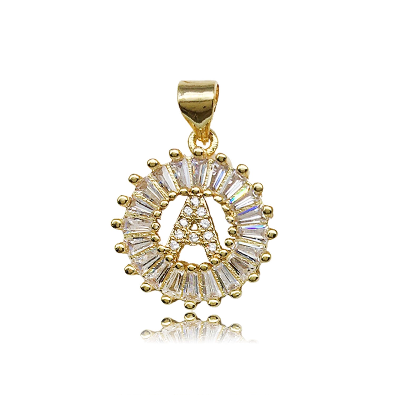 Zinc Alloy Gold Round Rhinestone English Letter Charm Pendant for Necklace DIY — 15×21mm