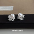 Silver Pearl Crystal Cluster Flower Stud Earrings Pair view 4