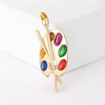 Artist Palette and Paintbrush Brooch With Multicolor Enamel