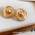 Openwork Round Pearl Stud Earrings in Gold Tone Fashion Jewelry view 2