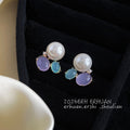 White Pearl Lavender Aqua Cabochon Cluster Stud Earrings Pair view 1