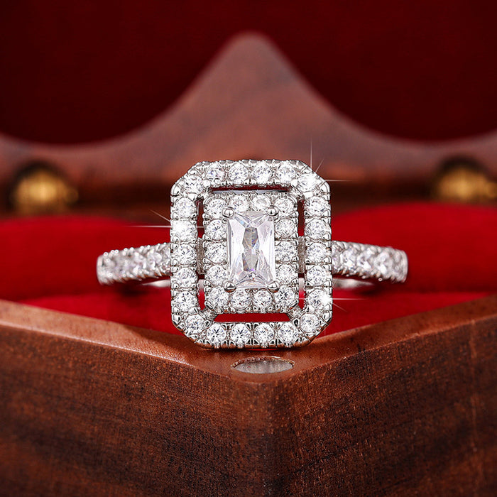 White Metal Emerald Cut Double Halo Openwork Ring Alloy
