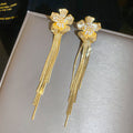 Crystal Flower Multi Chain Tassel Stud Earrings With Polished Metal Details view 7
