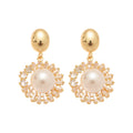 Gold Pearl Drop Earrings in Round and Leaf Frame Designs view 5