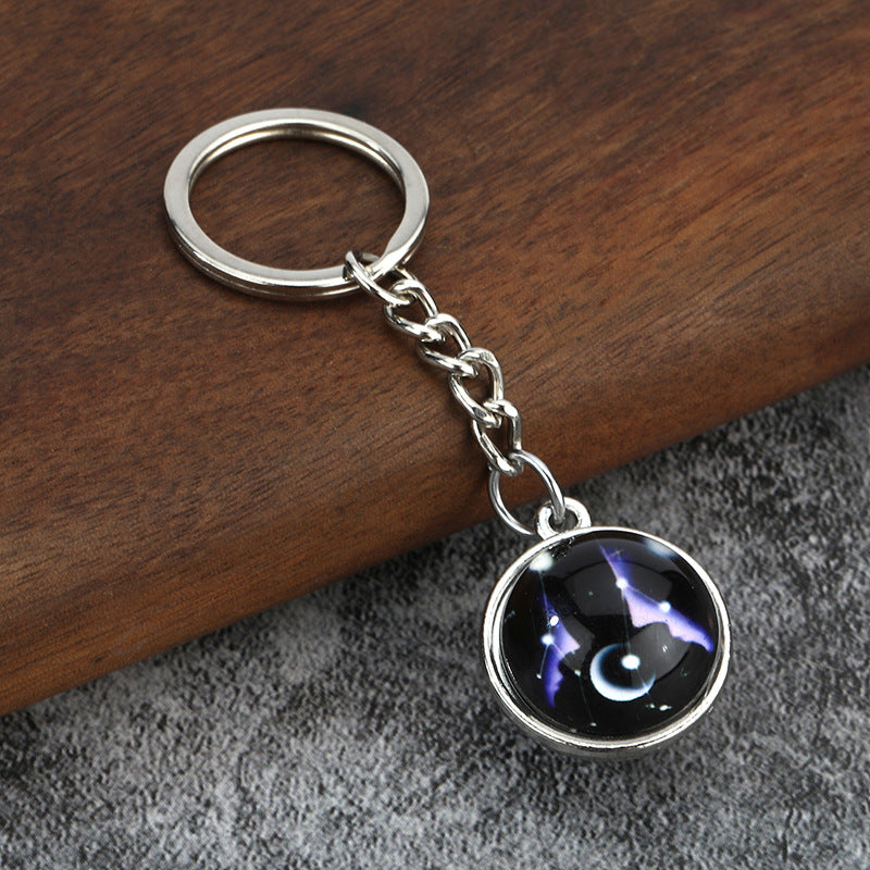 Luminous Zodiac Glass Cabochon Metal Keychain for Bag Charm Gifts