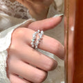 Silver Open Double Band Pearl Crystal Adjustable Ring view 2