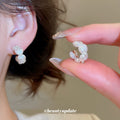 Crystal Leaf and White Pearl Cluster Stud Earrings view 2