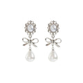 Silver Pearl Look Halo Bow and Teardrop Stud Earrings view 5