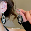 Black Leaf and Clear Crystal Floral Drop Stud Earrings view 2