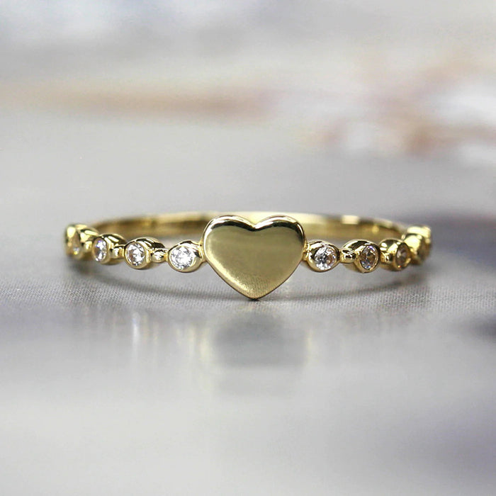 Gold Heart Center Thin Stacking Ring Bezel Clear CZ