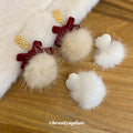 Velvet Bow Pom Pom Stud Earrings In Beige And White view 3