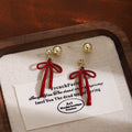 Red Ribbon Bow Two Part Extra Long Dangle Stud Earrings view 1