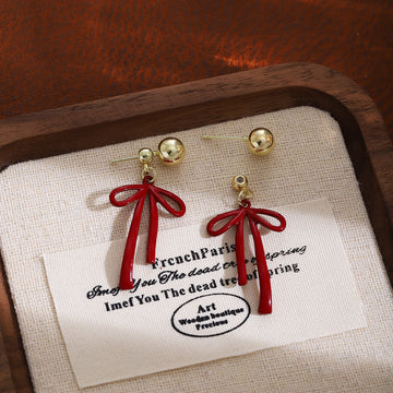 Red Ribbon Bow Two Part Extra Long Dangle Stud Earrings