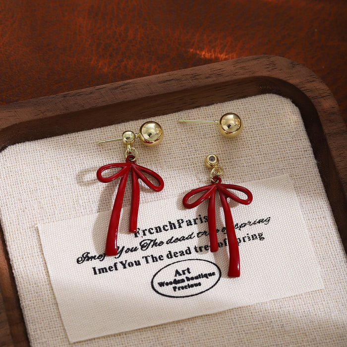 Red Ribbon Bow Two Part Extra Long Dangle Stud Earrings