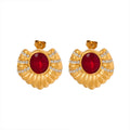 Ribbed Fan Stud Earrings Red Glass Stone Gold Steel view 5