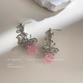 Silver Tone Rose Stem Drop Earrings Pink Translucent Flower view 3
