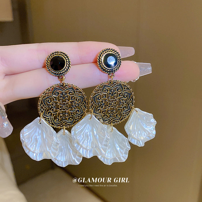 White Shell Floral and Pearl Drop Earrings Fashion Jewelry