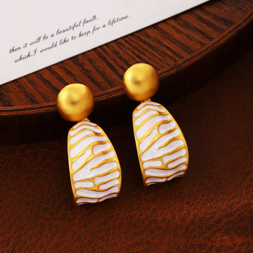 Gold Ball Stud Enamel Pattern Oval Drop Earrings Pair