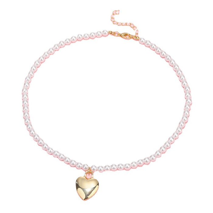 Faux Pearl Choker Necklace with Gold Tone Heart Pendant