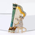 Cat Playing Harp Brooch Rhinestone Enamel Gold Tone Two Colors view 3