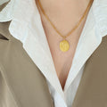 Gold Oval Disc Engraved Flower Pendant Curb Chain Necklace view 3