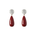 Wine Red Teardrop Drop Earrings Milky White Disc Tops view 5