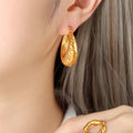 Gold Tone Thick Ribbed U-Shape Hoop Earrings Style view 4