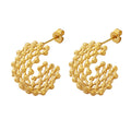 Gold Steel Bead Lattice Mesh C Shape Hoop Earrings view 5