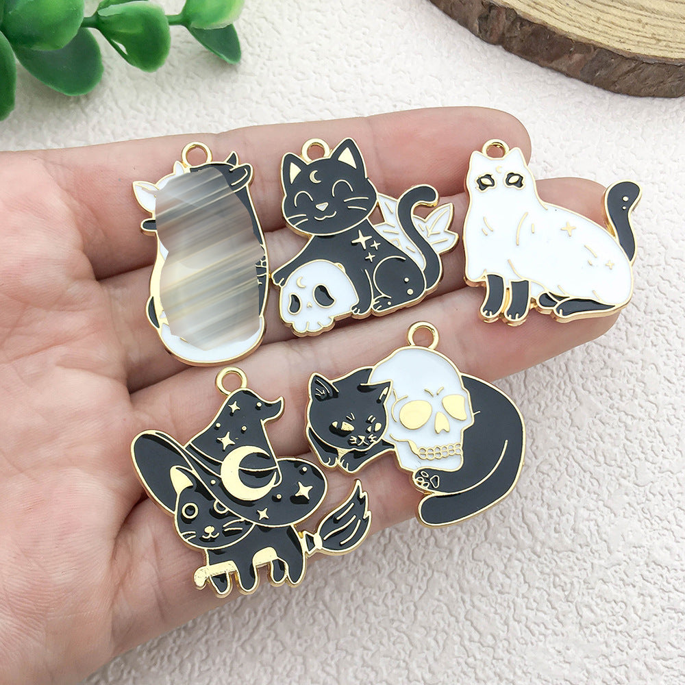 Enamel Zinc Alloy Moon Cat Black Cat Charm Pendant for DIY Halloween Necklace Jewelry