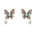 Gold Butterfly Pink Mint Enamel Pearl Drop Earrings view 5