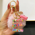 Pink Faux Fur Pompom Letter Charm Keychain with Confetti Resin view 9