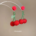 Red Pom Pom Cherry Drop Earrings With Green Stems Statement Jewelry Design view 2